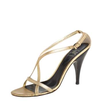 Pre Owned Burberry Gold Textured Leather Criss Cross Ankle Strap Sandals Size 38