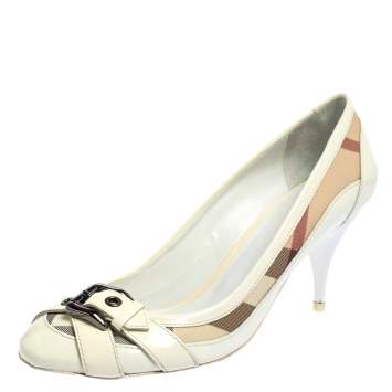 Pre Owned Burberry White Patent Leather And Nova Check Canvas Buckle Detail Pumps Size 39