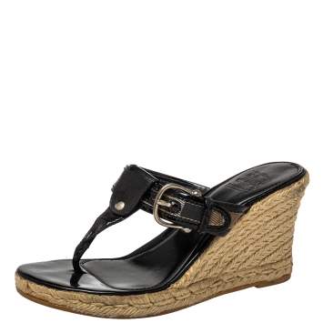 Pre Owned Burberry Black Novacheck Canvas Espadrille Thong Wedge Sandals Size 37