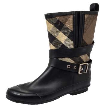 Pre Owned Burberry Beige/Black Check Canvas And Rubber Midcalf Boots Size 39