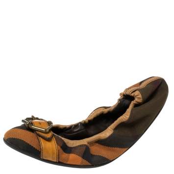Pre Owned Burberry Multicolor Nova Check Canvas And Leather Buckle Scrunch Ballet Flats  Size 39