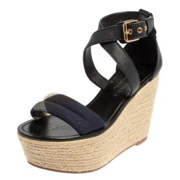 Pre Owned Burberry Black Leather And Nova Check Canvas Espadrille Wedge Sandals Size 37.5