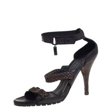 Pre Owned Burberry Black/Brown Leather Ankle Strap Sandals Size 38
