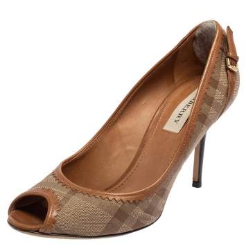 Pre Owned Burberry Beige Check Canvas And Brown Leather Trim Peep Toe Pumps Size 39
