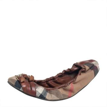 Pre Owned Burberry Multicolor Novacheck Canvas And Leather Buckle Scrunch Ballet Flats Size 39