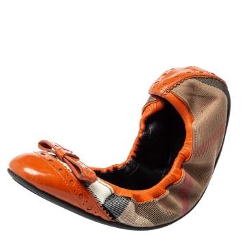 Pre Owned Burberry Beige/Orange Canvas And Leather Scrunch Ballet Flats Size 38.5