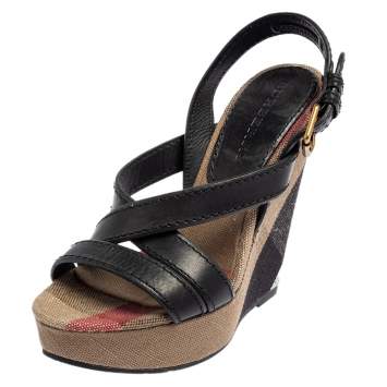 Pre Owned Burberry Black Leather and Nova Check Canvas Warlow Platform Wedge Sandals Size 37.5