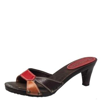 Pre Owned Burberry Vintage Multicolor Leather Wooden Clogs Sandals Size 40