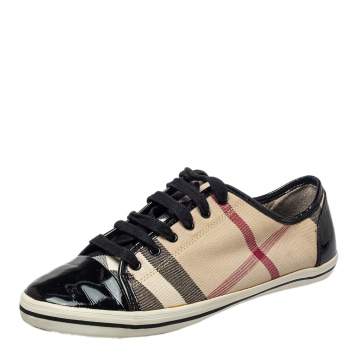 Pre Owned Burberry Beige/Black Novacheck Canvas And Patent Leather Cap Toe Low Top Sneakers Size 40