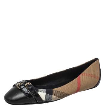 Pre Owned Burberry Multicolor Leather And Canvas Buckle Detail Ballet Flats Size 40