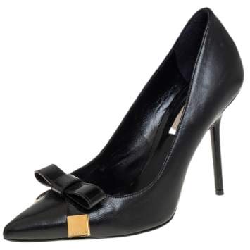 Pre Owned Burberry Black Leather And Patent Bow Detail Pointed Toe Pumps Size 37.5