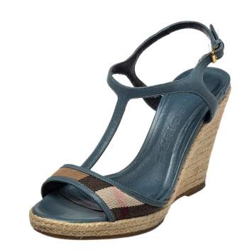 Pre Owned Burberry Blue Leather And House Check Canvas Espadrille Wedge Ankle Strap Sandals Size 37