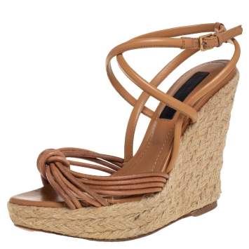 Pre Owned Burberry Brown Leather Strappy Wedge Espadrille Sandals Size 37