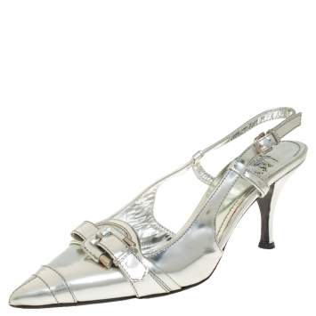 Pre Owned Burberry Silver Patent Leather Slingback Sandals Size 39