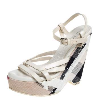Pre Owned Burberry White Leather Ankle Strap Wedge Platform Sandals Size 36
