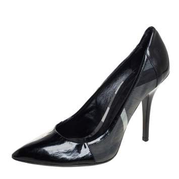 Pre Owned Burberry Black Nova Check Canvas And Patent Leather Pointed Toe Pumps Size 39