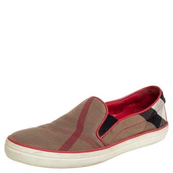 Pre Owned Burberry Beige House Check Canvas And Leather Slip On Sneakers Size 40
