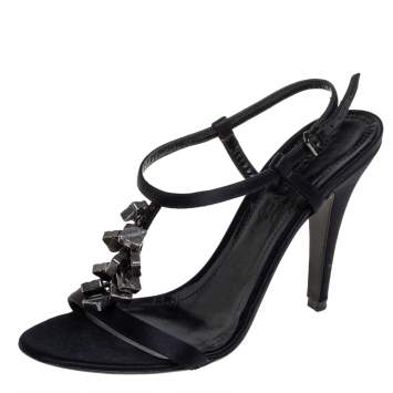 Pre Owned Burberry Black Satin Strap Embellished Sandals Size 40