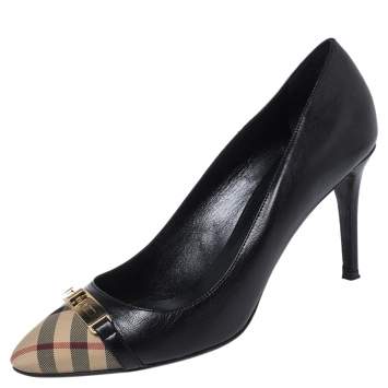 Pre Owned Burberry Black Nova Check Canvas and Leather Buckle Pumps Size 40