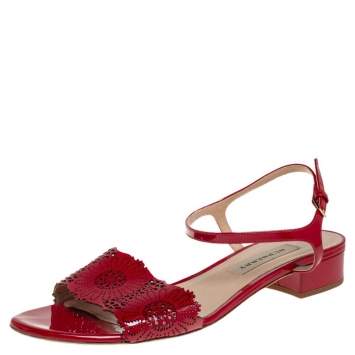 Pre Owned Burberry Red Laser Cut Patent Leather Adenvale Ankle Strap Sandals Size 41