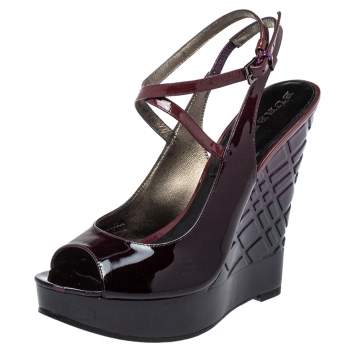 Pre Owned Burberry Burgundy Patent Leather Wedge Platform Strappy Sandals Size 36