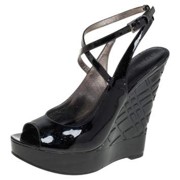 Pre Owned Burberry Black Patent Leather Strappy Wedge Sandals Size 36