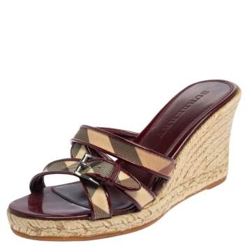 Pre Owned Burberry Burgundy Patent Leather And Nova Check Canvas Espadrille Wedge Sandals Size 37