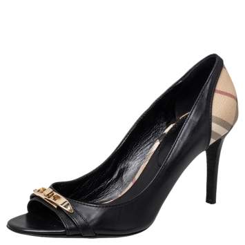 Pre Owned Burberry Black Leather And Check Coated Canvas Embellished Open Toe Pumps Size 41