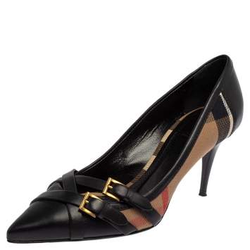 Pre Owned Burberry Black/Beige Nova check Canvas And Leather Pumps Size 38