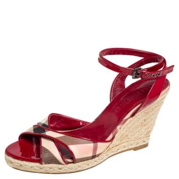 Pre Owned Burberry Red/Beige Nova Check Canvas and Patent Leather Cross Strap Espadrille Wedge Sandals Size 39.5