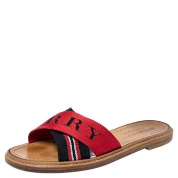 Pre Owned Burberry Red/Black Canvas Foley Logo Stripe Crisscross Slide Sandals Size 37.5