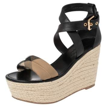 Pre Owned Burberry Black Leather And Nova Check Canvas Wedge Platform Espadrille Sandals Size 38.5