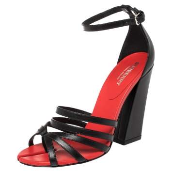 Pre Owned Burberry Black/Red Leather Hove Heel Ankle Strap Sandals Size 37