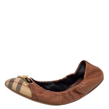 Pre Owned Burberry Brown Coated Canvas & Leather Ballet Flats Size 40