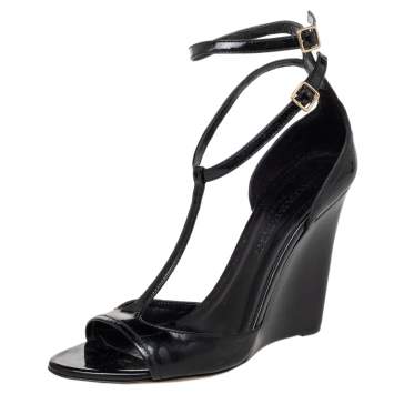 Pre Owned Burberry Black Patent Leather T-Strap Wedge Sandals Size 38