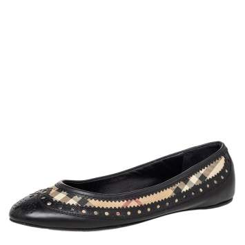 Pre Owned Burberry Black Brogue Leather And Haymarket Coated Canvas Tudor Flats Size 37