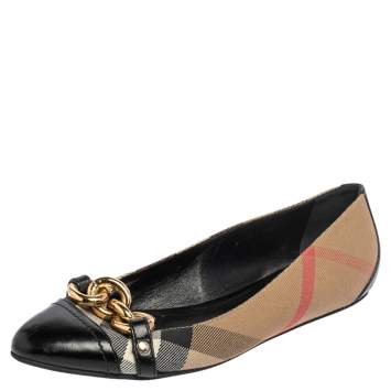 Pre Owned Burberry Black Beige House Check Canvas, Leather Shipley Gold Chain Ballet Flats Size 37