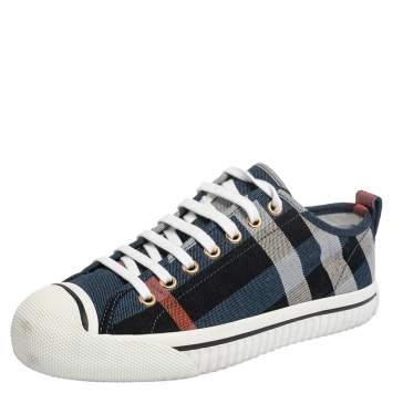 Pre Owned Burberry Blue Checked Canvas Kilbourne Lace Sneakers Size 37