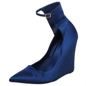 Pre Owned Burberry Blue Satin Pointed Toe Ankle Strap Wedge Sandals Size 40
