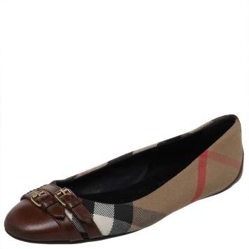 Pre Owned Burberry Brown House Check Canvas and Leather Buckle Ballet Flats Size 38.5