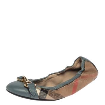Pre Owned Burberry Blue House Check Canvas and Leather Shipley Scrunch Ballet Flats Size 35