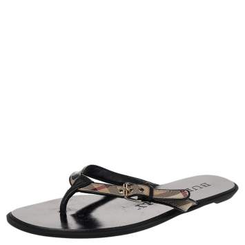 Pre Owned Burberry Multicolor Nova Check Coated Canvas And Leather Thong Flats Size 36
