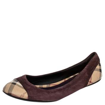 Pre Owned Burberry Beige/Brown Nova Check Coated Canvas And Suede Flats Size 39.5