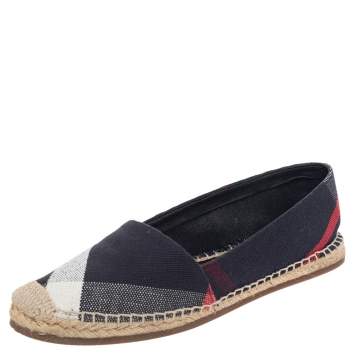 Pre Owned Burberry Navy Blue Hodgeson Check Canvas Espadrille Flats Size 38