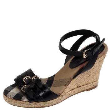 Pre Owned Burberry Black Leather Espadrille Wedge Sandals Size 36