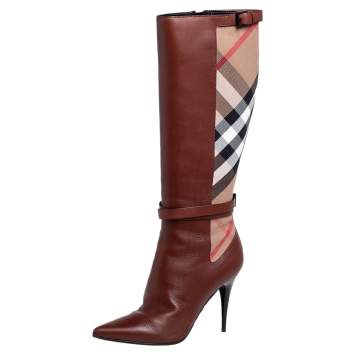 Pre Owned Burberry Brown Leather and Novacheck Canvas Bridle Knee Boots Size 38
