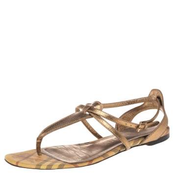 Pre Owned Burberry Gold Leather and Haymarket Check Coated Canvas Thong Flats Size 40