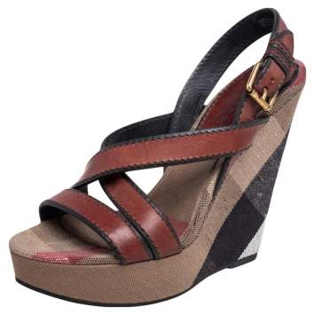 Pre Owned Burberry Brown Leather and Nova Check Canvas Warlow Platform Wedge Sandals Size 39