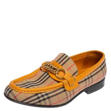 Pre Owned Burberry Yellow Leather and Haymarket Check Canvas Moorley Runway Loafers Size 38