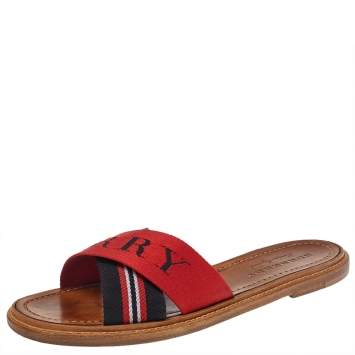 Pre Owned Burberry Red /Black Canvas Foley Slide Sandals Size 39.5